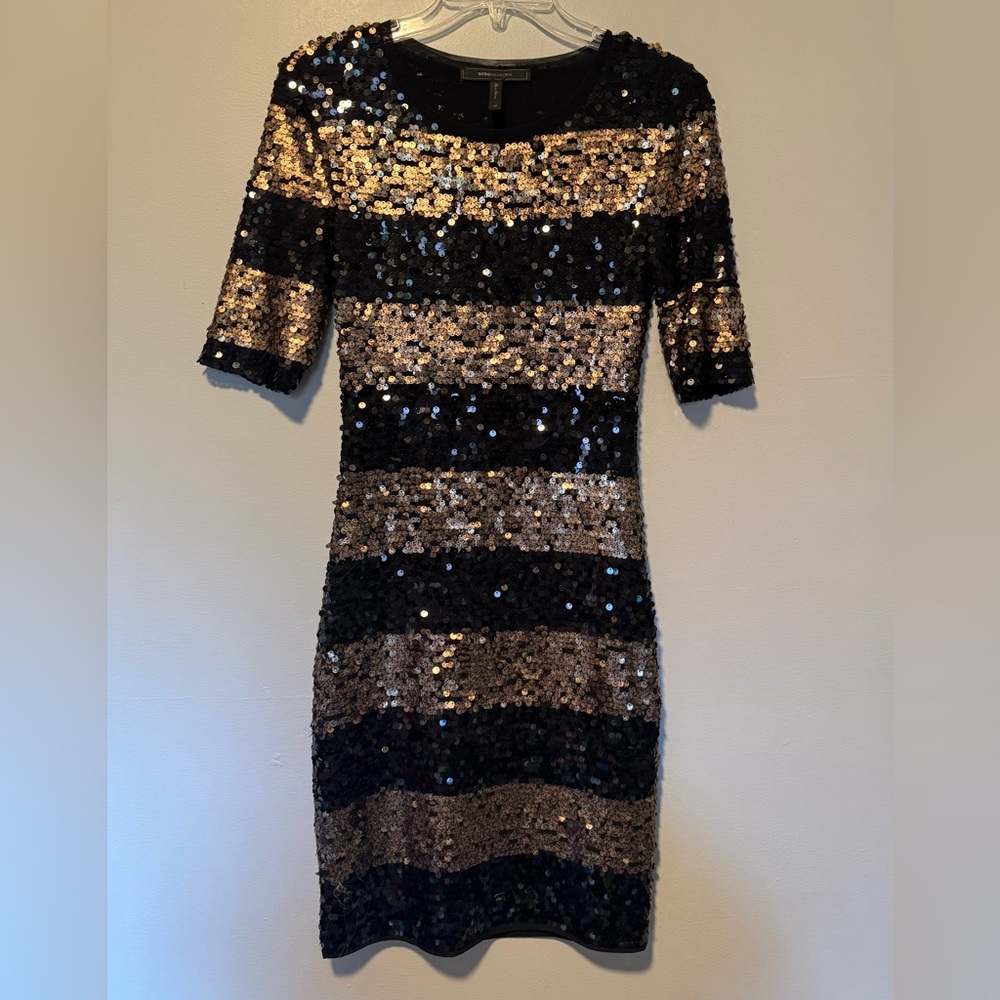 BCBGMaxazria Black/Gold Sequined Party Dress. Sz XS